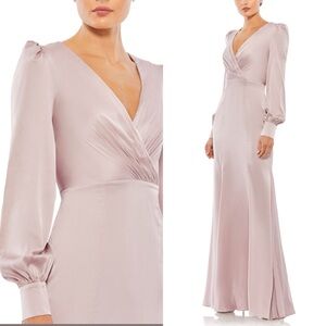 Ieena for Mac Duggal 55635 Surplice Bodice Bishop Sleeves Dress Rose Pink